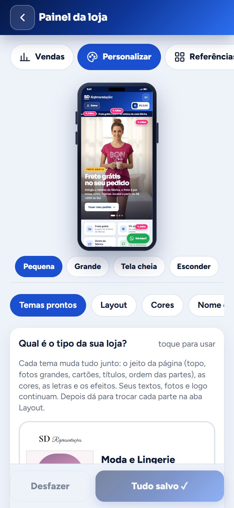 Tela de personalização no celular